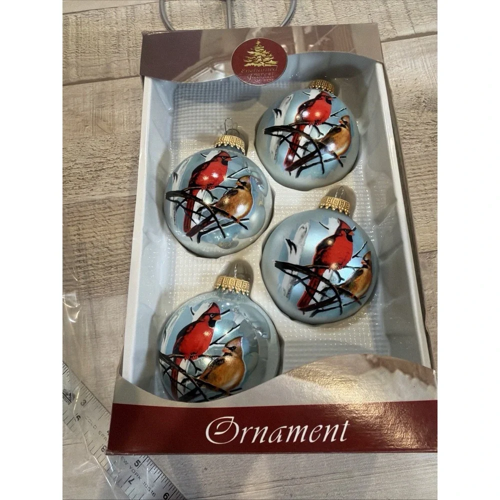 Vintage Natural Holiday Set of 4 Glass Cardinal Bird Christmas Ornaments w/ Box